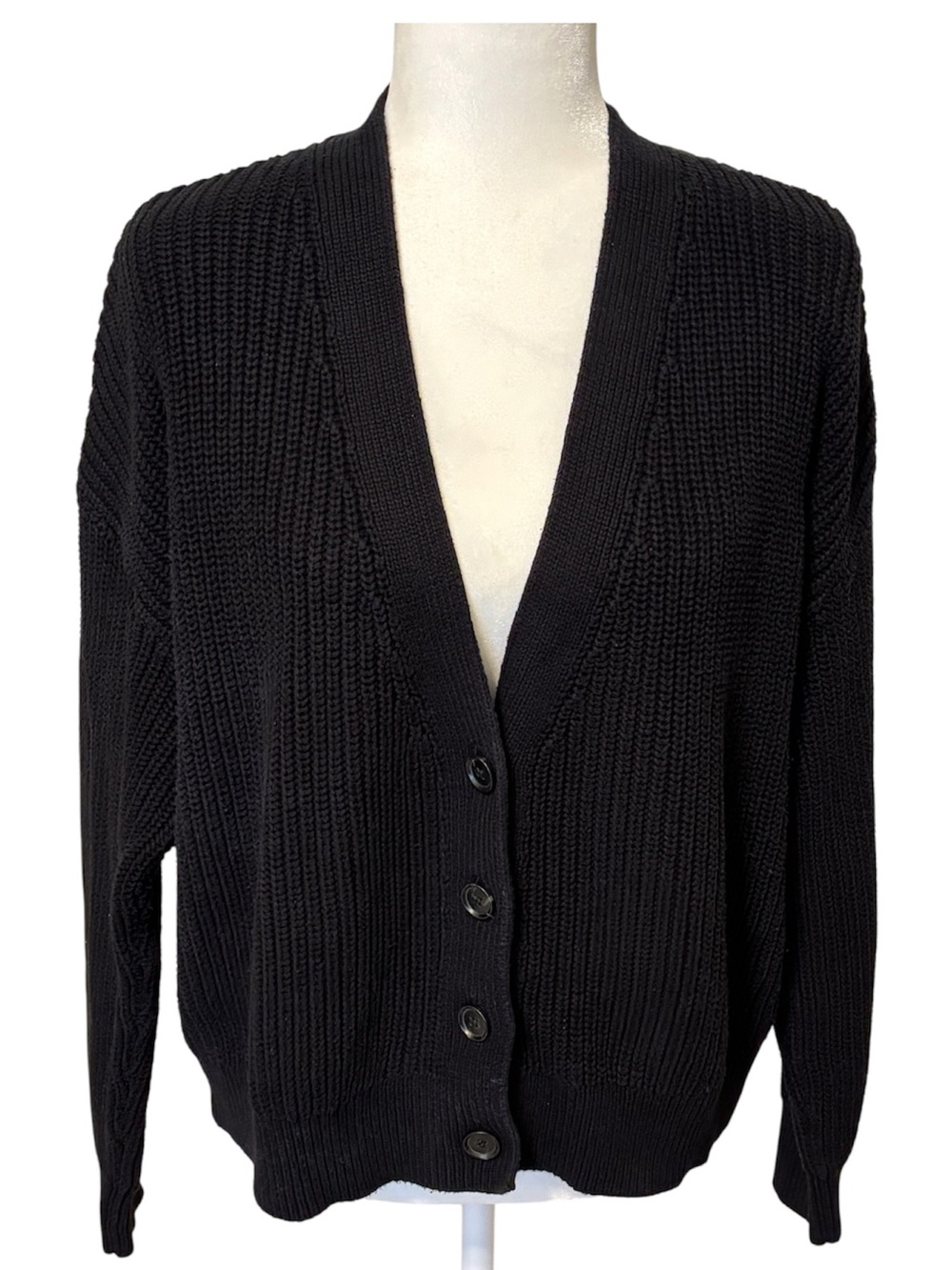 GAP Black Cotton Ribbed Knit V-Necked Cardigan Size Large